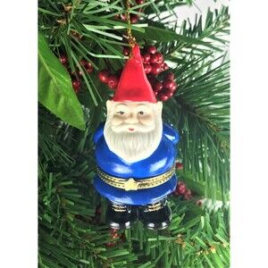 Blue Santa Gnome Porcelain Hinged Trinket Box Christmas Ornament